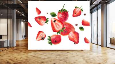 Fresh strawberries flying on a white background. Wall mural