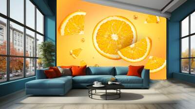 Slices of fresh orange with drops of juice in flight. Wall mural