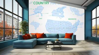 United States of America, Alaska, Hawaii, Mexico, Canada and Brazil Vector Maps Wall mural