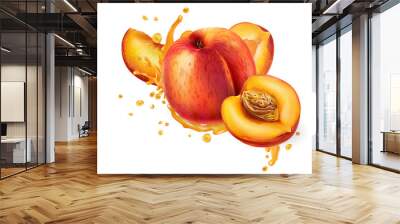 Whole and sliced peaches in fruit juice splashes. Wall mural