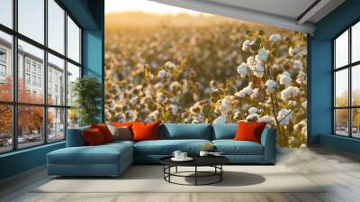 Cotton field background ready for harvest under a golden sunset macro close ups of plants 
 Wall mural