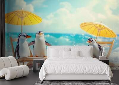 Three cute penguins sit on beach chairs under colorful umbrellas Wall mural