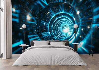 A blue time spiral clock background with numbers flying in the air, 3D rendering in the style of blue tones, perspective view, Time goes by and the years come and go Wall mural