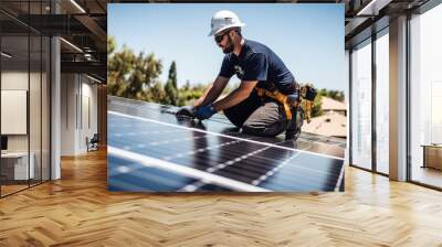 A solar panel technician installing solar panels on a house roof on a sunny day, The roof is covered with an array of sleek, modern solar panels, gleaming under the intense sunlight.  Wall mural