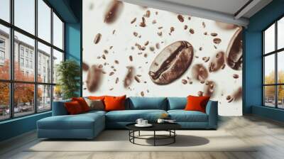 Coffee roasting theme, close-up of coffee beans falling Wall mural