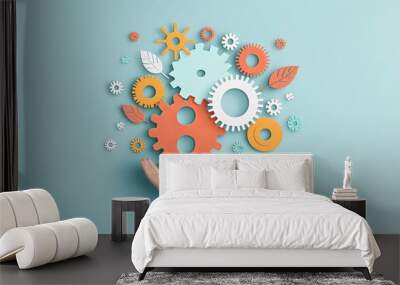 Minimalist photo of gears and puzzle pieces, concept illustration of teamwork and efficiency in the office Wall mural