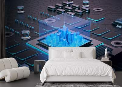 3d illustration of futuristic micro chip city. Computer science information technology background. Sci fi megalopolis. Wall mural