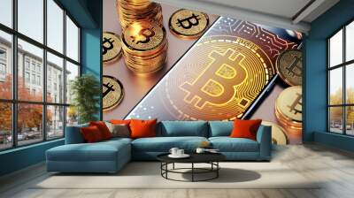 Bitcoin on the phone. new crypto currency concept Wall mural