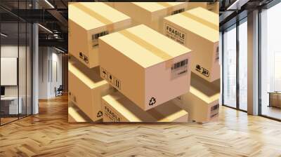 Cardboard Package and Label,3d cardboard boxes float in the air,The concept of express logistics. Wall mural