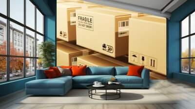 Cardboard Package and Label,3d cardboard boxes float in the air,The concept of express logistics. Wall mural