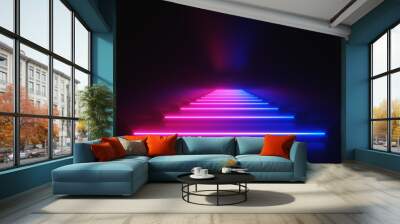 Futuristic Sci-Fi Abstract Blue And Purple Neon Light Shapes On Black Background With Empty Space For Text 3D Rendering Illustration Wall mural