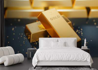 Stacked gold bars,golden ingot background.3d rendering. Wall mural