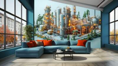 3D rendering of an industrial chemical plant with detailed structures and surrounding greenery. Wall mural