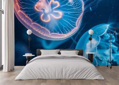 Colorful jellyfish glowing underwater in deep ocean. Wall mural