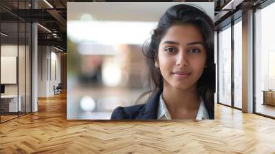 Confident young businesswoman in an office setting Wall mural