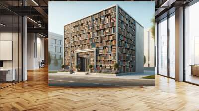 Modern building facade resembling a bookshelf on a street. Wall mural