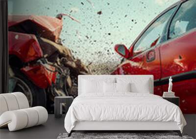 Two cars in a severe collision with debris flying. Wall mural