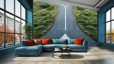 Two diverging paved paths in a green field with a directional arrow. Wall mural