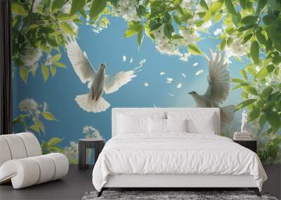 Two white doves flying among blooming trees against a blue sky Wall mural