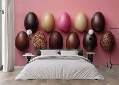 Happy Easter background decoration. Chocolate Easter eggs in row on pink background.  Wall mural