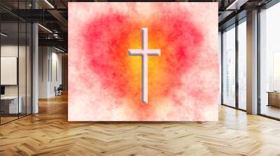 Glowing Christian cross in abstract heart Watercolor  Wall mural