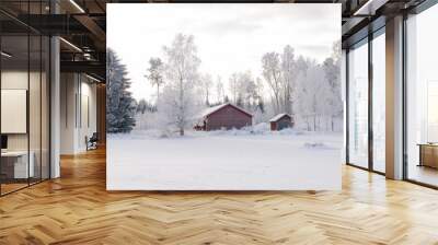 Small wooden barn with a trees in a frosty morning Wall mural