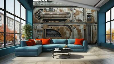 A close-up of rusty metal panels inside a futuristic spaceship interior Wall mural