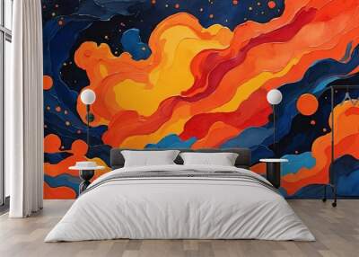 A colorful abstract painting featuring swirling shapes in orange, red, and blue against a dark background Wall mural