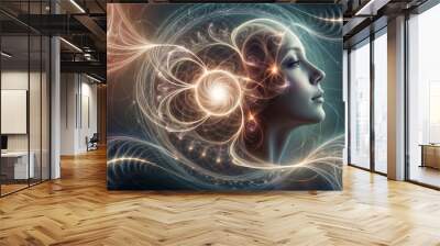 A digital art piece depicting a womans profile surrounded by swirling light and abstract lines Wall mural