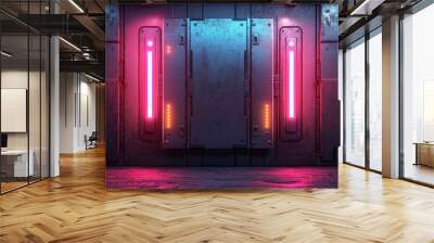 A futuristic metal wall with two glowing pink lights. Wall mural