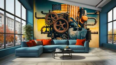 A vibrant display of labor symbols with gears, work clothes, and American flags capturing the essence of Labor Day Wall mural