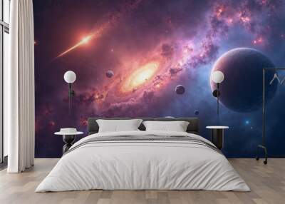 A vibrant galaxy with a bright star trail, surrounded by planets and stars. Wall mural