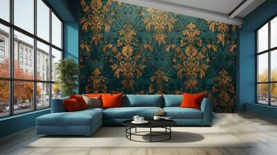 A wallpaper featuring a green background with intricate gold designs and accents throughout Wall mural