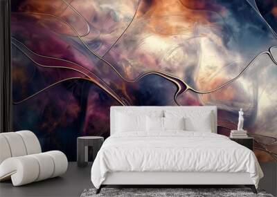 Abstract artwork featuring swirling colors and metallic lines Wall mural