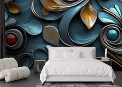 Abstract floral pattern with metallic gold and silver accents. Wall mural