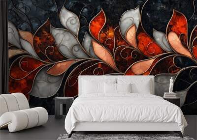 Abstract floral pattern with red, gray, and gold tones. Wall mural