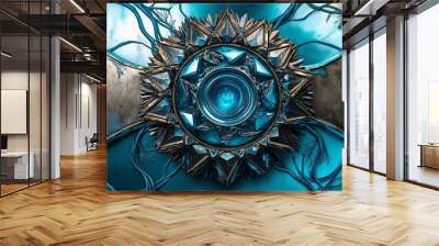 Abstract futuristic design with a blue and gold circular element Wall mural