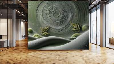 Abstract green and grey landscape with a swirling center. Wall mural