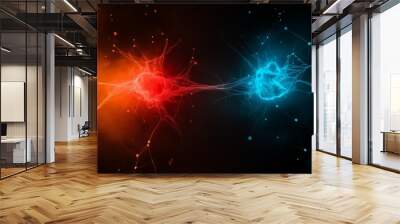 Abstract illustration of two glowing orbs connected by a web of lines, one red and one blue. Wall mural