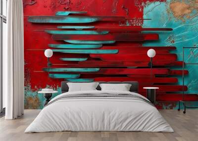 Abstract Metal Sculpture on Red and Blue Background Wall mural