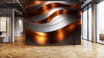 Abstract metallic background with wavy,  brushed texture in copper and silver tones. Wall mural