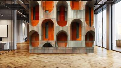 An architectural abstract of a building with a circular pattern in vibrant orange and white colors Wall mural