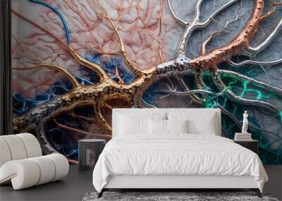 Close-up view of a metallic branch network with gold, silver, and teal accents Wall mural