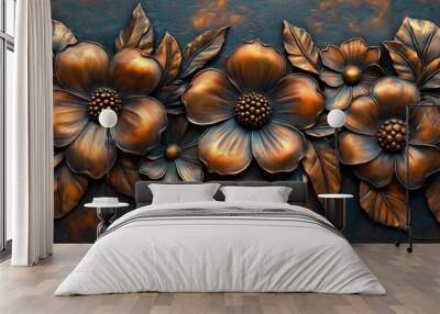 Copper flower sculpture with intricate details. Wall mural