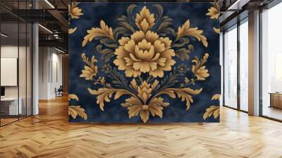 Elegant gold floral pattern on a deep blue background. Wall mural