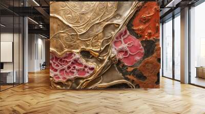 Golden and Red Abstract Resin with Intricate Details Wall mural