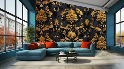 Intricate gold floral pattern on a dark background. Wall mural