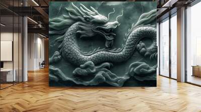 Intricate jade dragon carving with swirling clouds. Wall mural