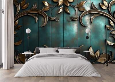 Ornate gold floral design on a teal background. Wall mural