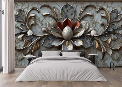 Ornate gold floral design on marble background. Wall mural